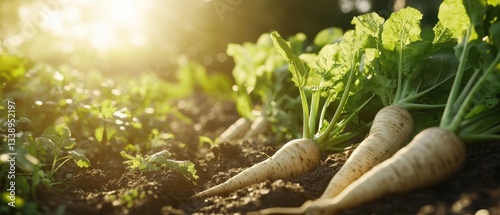Freshly harvested parsnips in a sunlit garden, showcasing healthy soil and vibrant greens.