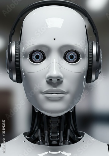 Close-up of a futuristic robot head wearing headphones