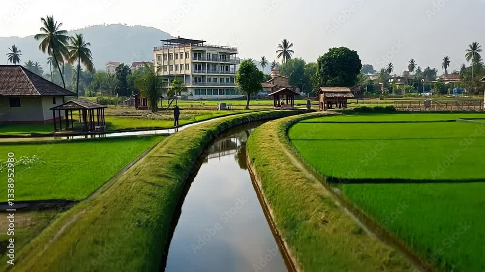 Rice paddy fields with canal, Asian agriculture and rural scene stock footage Generative AI Rice paddy fields with canal, Asian agriculture and rural scene stock footage Generative AI