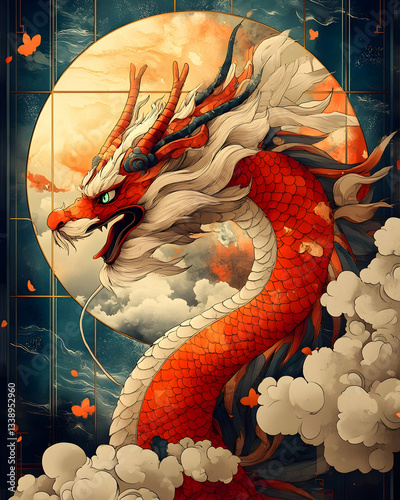 Fiery red dragon amidst sunset clouds, detailed scales and horns,  set against a moon