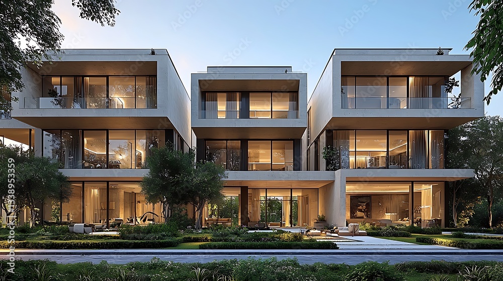 Fototapeta premium Modern townhouses at dusk, architectural design, residential complex, exterior