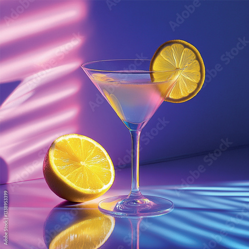 images of a glass of martini alcohol on a table with lemon, shadows on the wall
