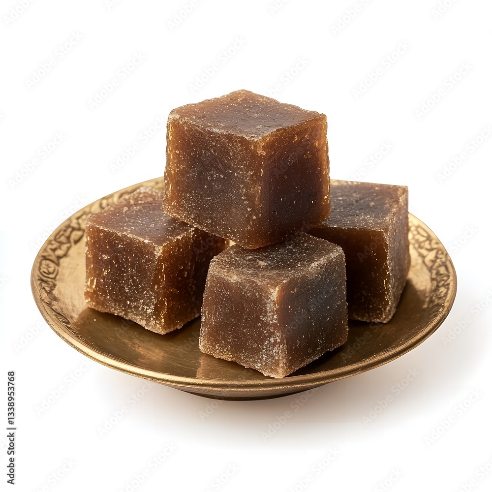 Delicious Brown Sugar Cubes on Golden Dish Sweet Treats Dessert Food Delicious Brown Sugar Cubes on Golden Dish Sweet Treats Dessert Food