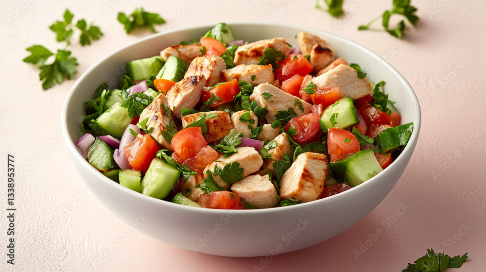 Close-up of a chicken salad in a bowl, featuring grilled chicken, tomato, cucumber, red onion, and parsley. Fresh and healthy, ideal for recipes, food blogs, or diet plans Close-up of a chicken salad in a bowl, featuring grilled chicken, tomato, cucumber, red onion, and parsley. Fresh and healthy, ideal for recipes, food blogs, or diet plans
