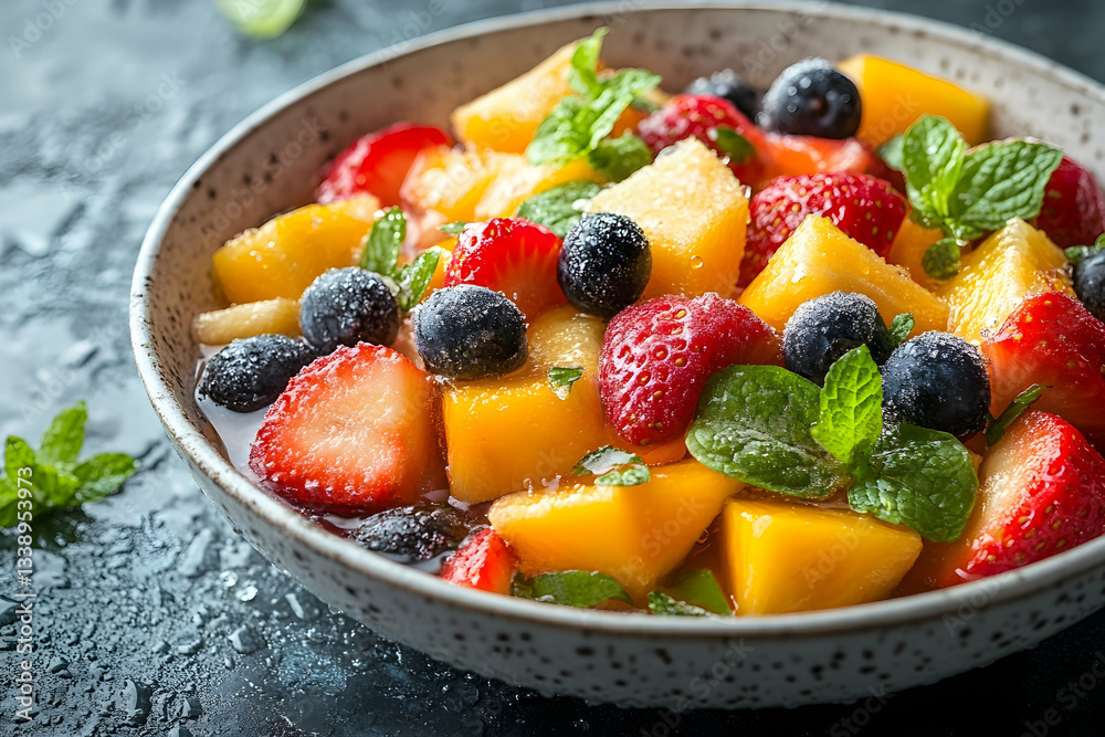 Fresh fruit salad with mango, strawberry, blueberry, and mint Fresh fruit salad with mango, strawberry, blueberry, and mint