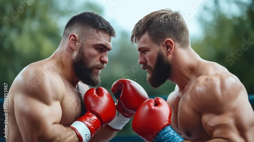 Intense Face-Off Between Two Strong Male Boxers in Red and Blue Punching Gloves in Outdoor Boxing Ring