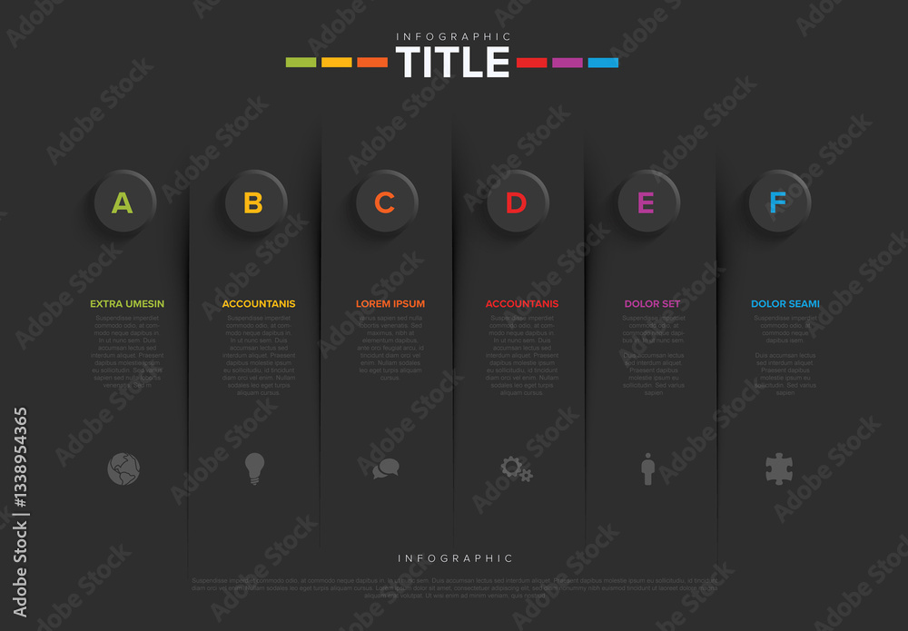Colorful Modern Infographic Dark Layout Template with six elements and letters