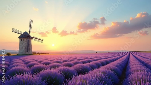 Serene Sunset over Lavender Field with Rustic Windmill