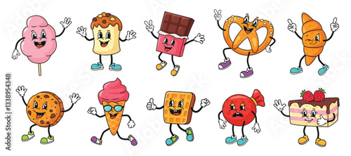 Cartoon dessert character. Retro mascots for cotton candy, sweet panettone, chocolate bar, funny pretzel and croissant. Happy cookie, ice cream, waffle and cake isolated vector set.