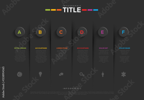 Obraz na płótnie Colorful Modern Infographic Dark Layout Template with six elements and letters w salonie