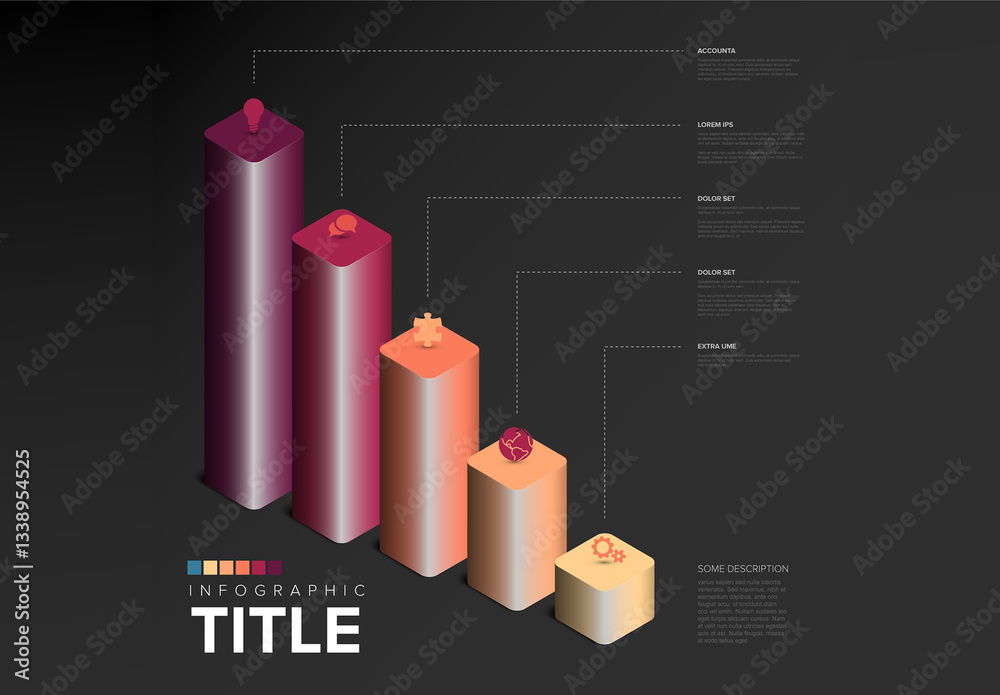 Colorful Dark 3D Infographic Chart Template with Key Points and column graph