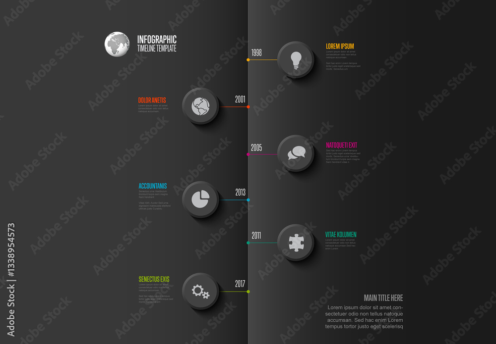 Caterease Timeline Button Infographic dark vertical Timeline Template design with circular button ...