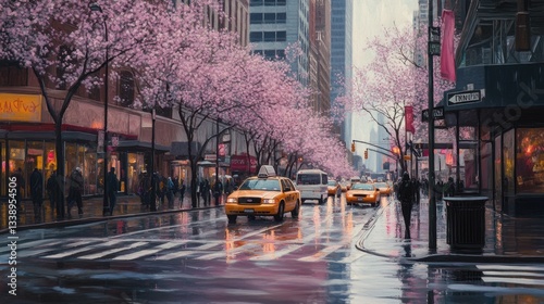 A picture of a busy new york city street with cherry blossom trees in the spring rainy day Painterly Hyperrealistic oil painting