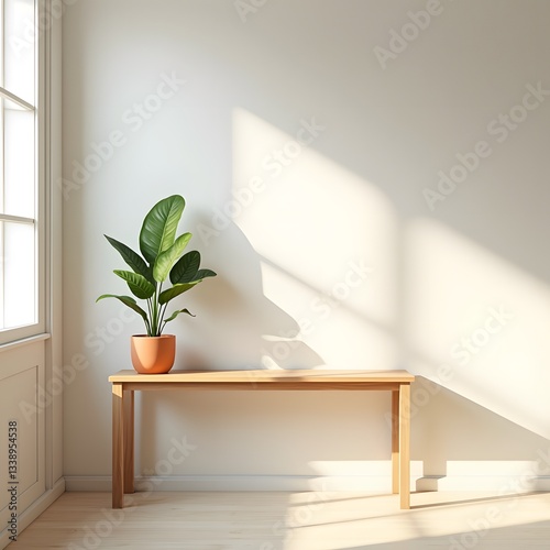 A minimalist study room with simple wooden table decorated with potted plant, with soft natural light coming through the window.