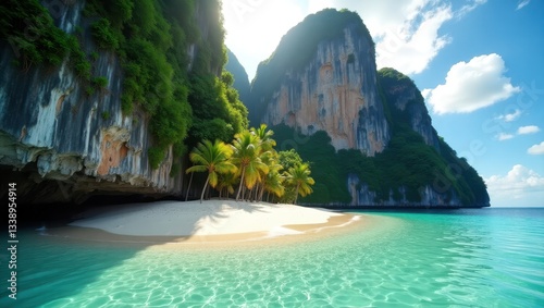 Secluded Tropical Beach Paradise Crystal Clear Water Palm Trees and Dramatic Cliffs
