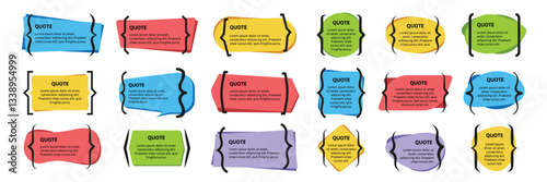 Quote frames with text brackets. Quotation box, colorful citation banner for quotes, citations and testimonials. Bracketed message, comment, feedback and direct speech frame templates vector set.