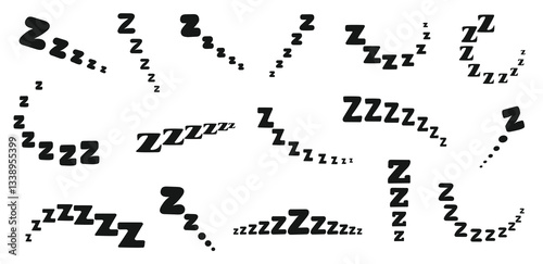 Zzz snore effect. Sleep sound symbols, napping Z letters for bedtime, dozing and tiredness cartoon visualisation. Comic text signs of dream, relax and nap, sleeping lettering vector set.