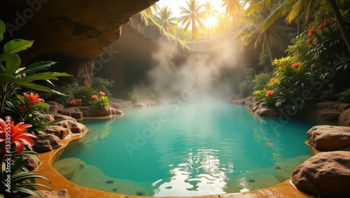 Serene Tropical Pool in Lush Cave Setting at Sunrise Exotic Getaway