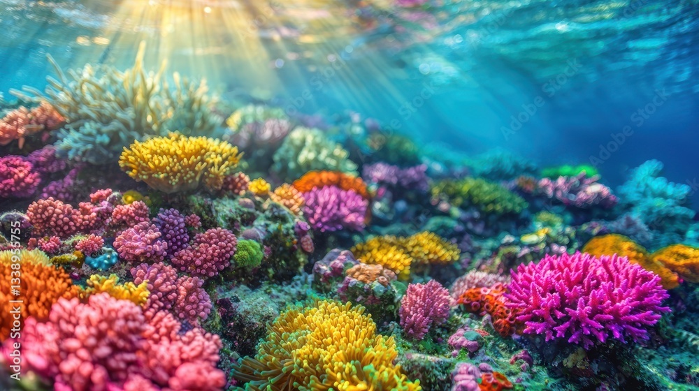 Fototapeta premium Vibrant coral reef underwater scene with sun rays. (1)