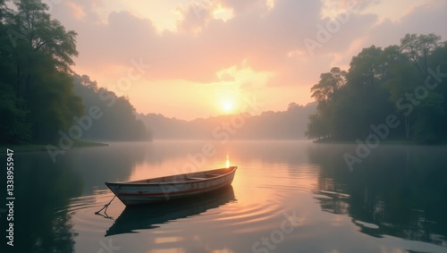 Serene Sunrise Misty Lake with Rowboat at Dawn Tranquil Nature Scene