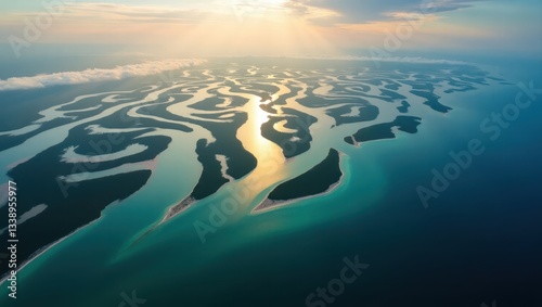 Aerial View of Serpentine Islands and Turquoise Waters at Sunset Stunning Coastal Landscape