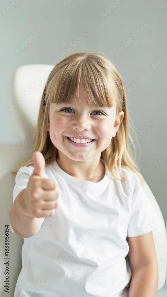 Little blonde-haired girl in T-shirt in dentist's chair, satisfied with treatment, smiling and showing thumbs up on light background. Children's dentistry, professional examination