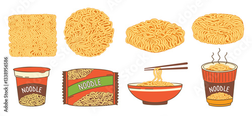 Instant noodles. Dried noodle blocks and fast food packaging, quick ramen meal in cup and bowl with chopsticks. Asian fast food noodles hand drawn isolated vector illustration set.