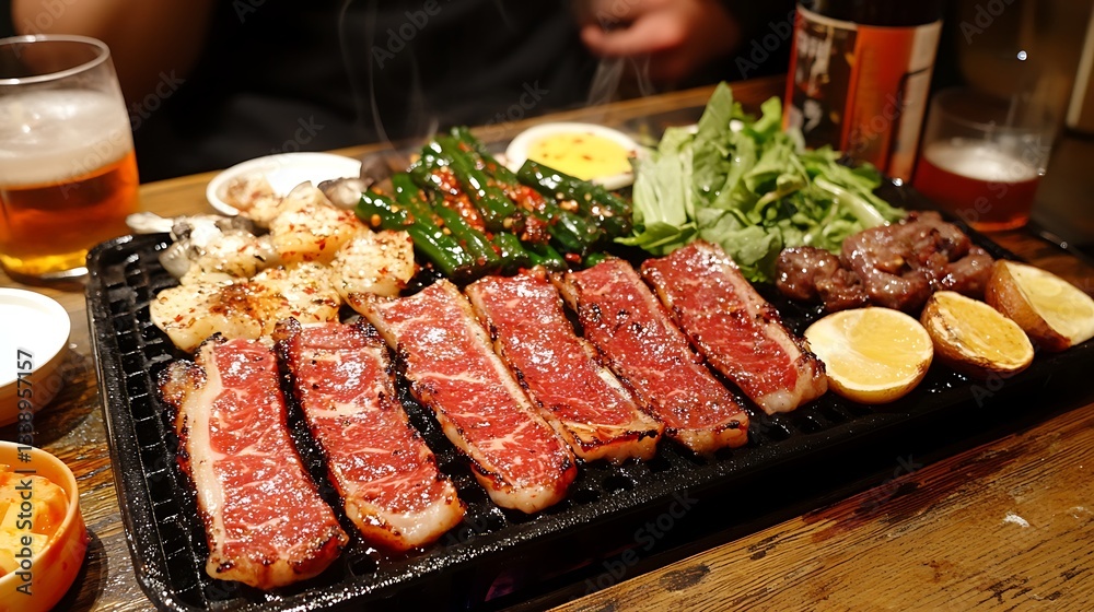 Grilled Meat and Vegetables on a Table. Dinner. Restaurant Grilled Meat and Vegetables on a Table. Dinner. Restaurant
