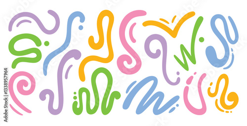 Abstract organic line shapes. Groovy fluid swirl doodles, funky curvy noodles, sauce strips and dynamic scribble lines. Hand drawn colorful squiggles design elements vector set.
