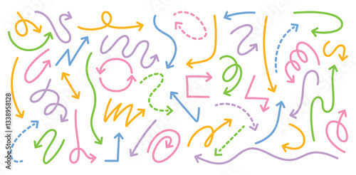 Doodle colorful line arrows. Hand drawn linear and dashed arrow pointers of squiggly, curved, wavy, zigzag and looping paths for direction pointing, highlights and presentation designs. Vector set.