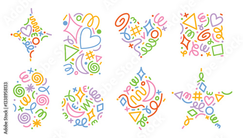 Colorful line doodle pattern shapes. Abstract geometric figures with hand drawn squiggles, swirls, linear symbols and wavy lines. Confetti design elements vector set.