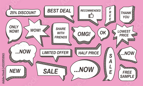 Sale speech bubble frames. Comic text balloon shapes with 3d extrude border, sale promotion phrases, discount and best deal offers. Dialog box bubbles vector set.