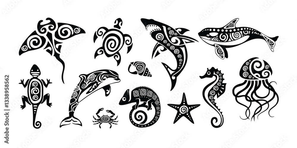 Naklejka premium Polynesian tribal animal tattoos. Maori style ocean creatures as stingray, sea turtle, shark, whale, dolphin, crab, starfish, seahorse and jellyfish. Lizard ethnic ink art vector set.