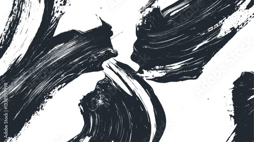 Vector illustration of abstract black brush strokes on white background. Dynamic ink splashes with textured edges creating fluid artistic organic shapes.
