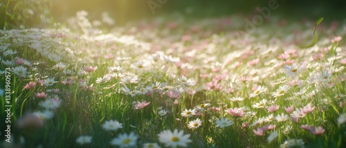 A vibrant meadow filled with blooming daisies illuminated by soft sunlight.