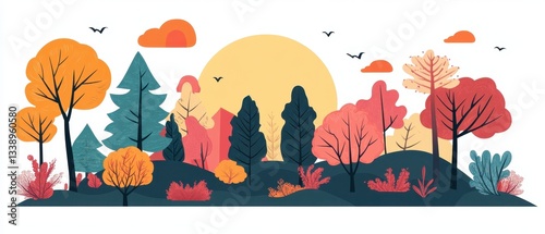 A vibrant, stylized landscape with colorful trees under a sunny sky.