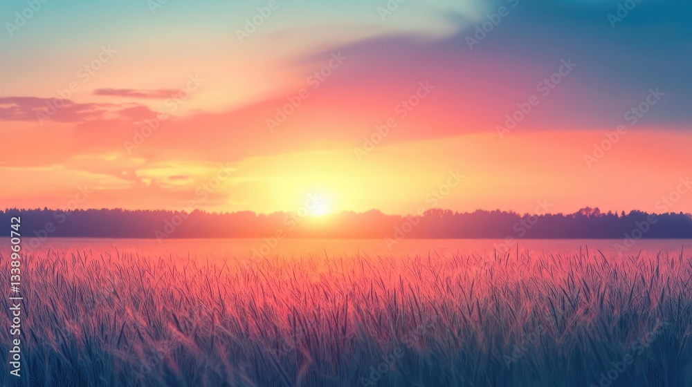 Obraz premium Sunset landscape abstract background concept. A serene sunset over a golden field, showcasing vibrant colors and peaceful nature.