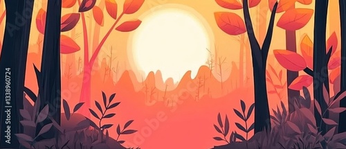 A vibrant sunset illuminating a tranquil forest scene with colorful autumn leaves.