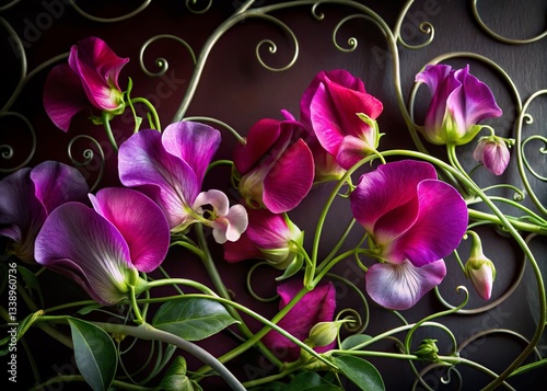 Luxurious Platinum Sweet Peas & Metallic Tendrils: Dark Byzantine Background Wallpaper Fabric Design