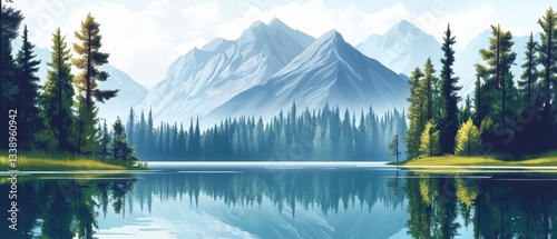 Breathtaking mountain scenery reflected in a tranquil lake surrounded by lush pine trees.