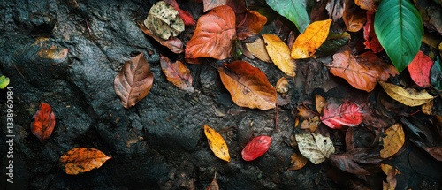 Colorful autumn leaves scattered on a textured surface, capturing nature's beauty.