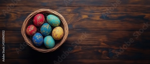 Colorful Easter eggs in a woven basket on a rustic wooden table.
