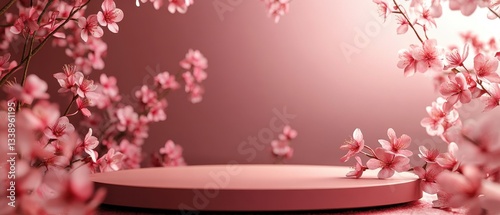 Delicate pink flowers frame a minimalist display platform in soft lighting.