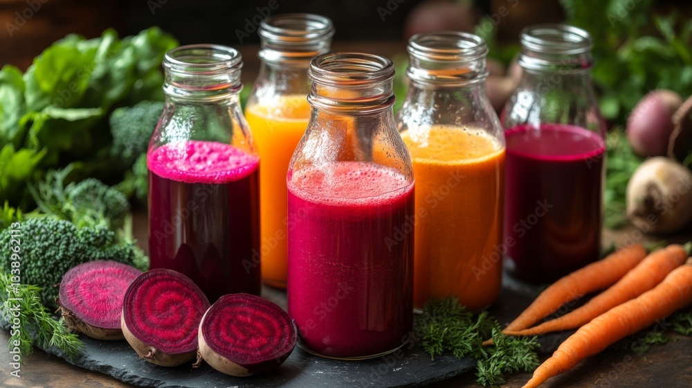 Five glass bottles filled with colorful vegetable juices are arranged on a rustic table. Fresh beets, carrots, and broccoli surround the bottles, showcasing healthy ingredients. Five glass bottles filled with colorful vegetable juices are arranged on a rustic table. Fresh beets, carrots, and broccoli surround the bottles, showcasing healthy ingredients.