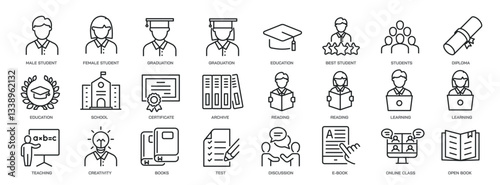 Set of collection line icons related student, education, diploma, learning. Editable stroke and Perfect pixel on transparent background