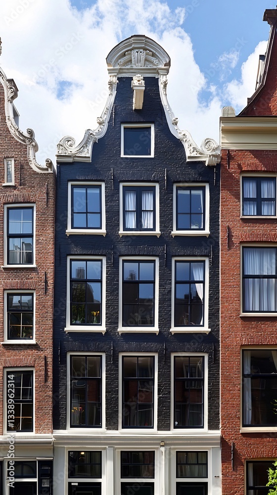 Fototapeta premium Charming Canal House Facade in Amsterdam with Ornate Gable and Windows