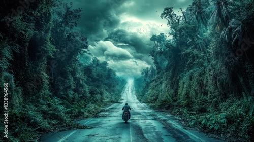 Lonely biker on deserted road, jungle storm