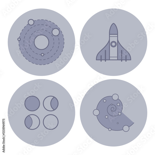 Set of space-related icons with various elements including rocket, celestial bodies, phases of moon, and galactic spirals. Space concept