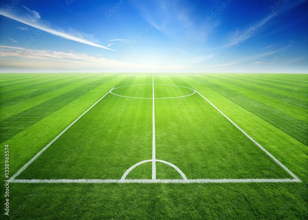 Obraz premium Lush Green Soccer Field with Center Line and Goal Area Markings - Perfect for Sports Backgrounds
