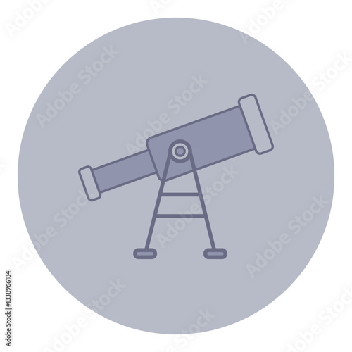 Telescope icon resting on tripod, set against gray circular background. Observing space and celestial bodies concept